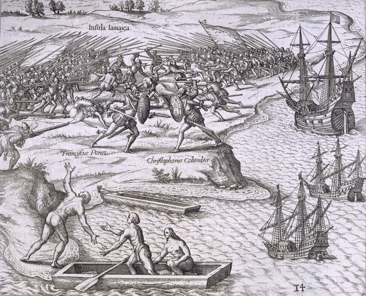 Slaget på Jamaica mellom Christopher Columbus (1451-1506) og Francisco Poraz, 1504, fra 