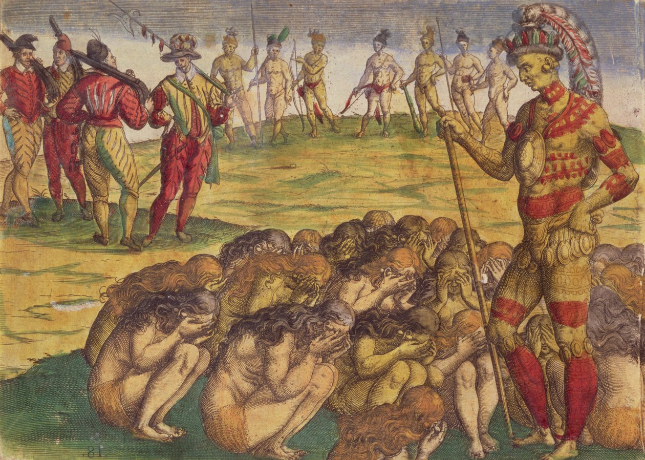 Fange av aztekerne av de spanske kolonistene, bokillustrasjon, ca. 1550 av Theodore de Bry