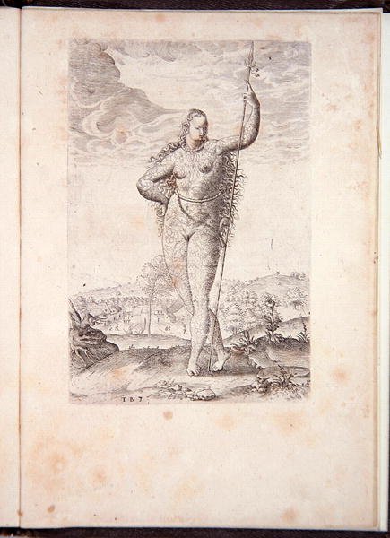 Daughter of the Picts, fra En kortfattet og sann rapport om det nye funnet landet Virginia, Grand Voyages, trykt av Johann Wechel i 1600 av Theodore de Bry