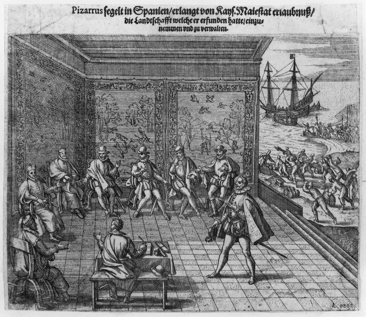 Francisco Pizarro ber om støtte fra den keiserlige domstolen for regjeringen i Peru av Theodore de Bry