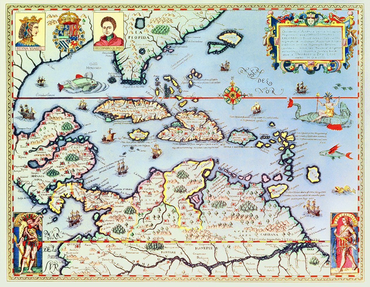 Kart over de karibiske øyene og den amerikanske delstaten Florida av Theodore de Bry
