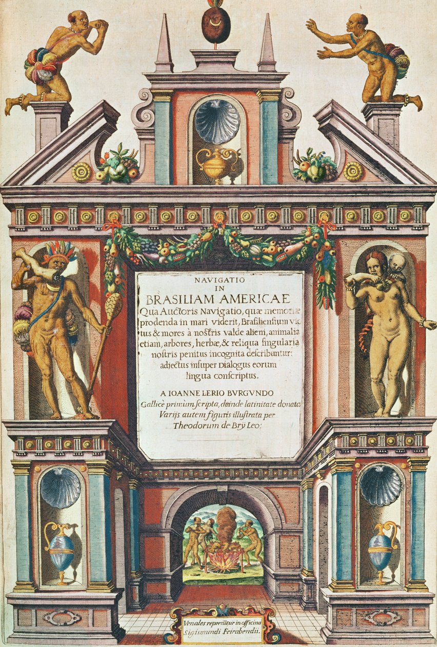 En reise til Brasil fra Amerika. Frontispice (side 447), 1563 (fargegravering) av Theodore de Bry