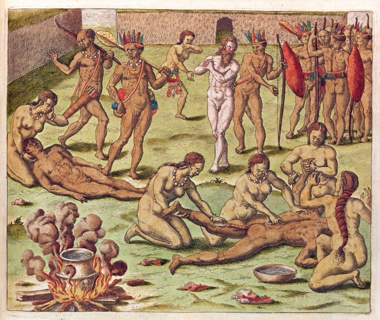 Navigasjon i det brasilianske Amerika, Offer av en barbar (side 525), 1563 (fargegravering) av Theodore de Bry
