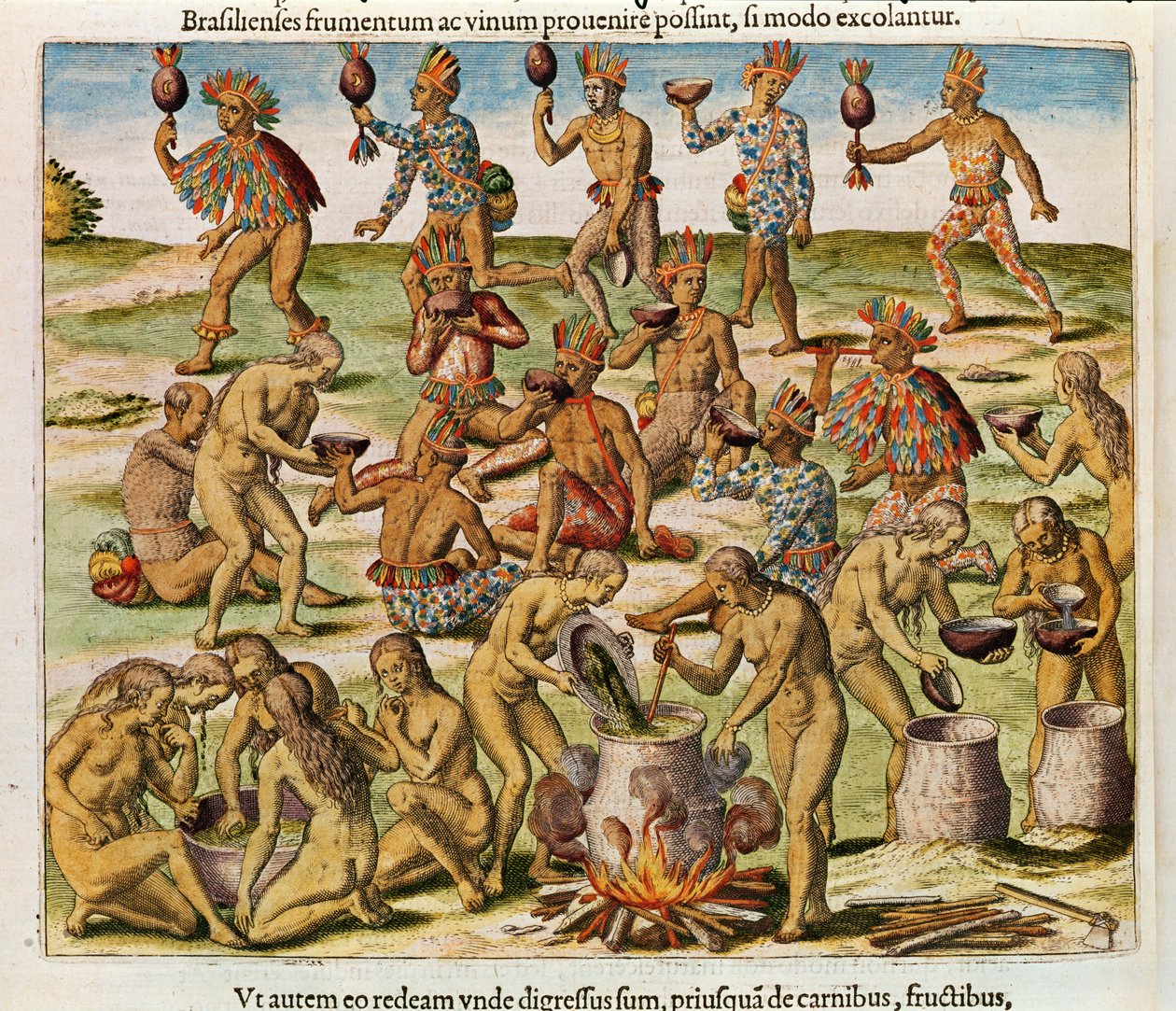 Navigatio in Brasiliam Americae, Tilberedning av en drikke laget av mais og hvete (side 486), 1563 (fargegravering) av Theodore de Bry