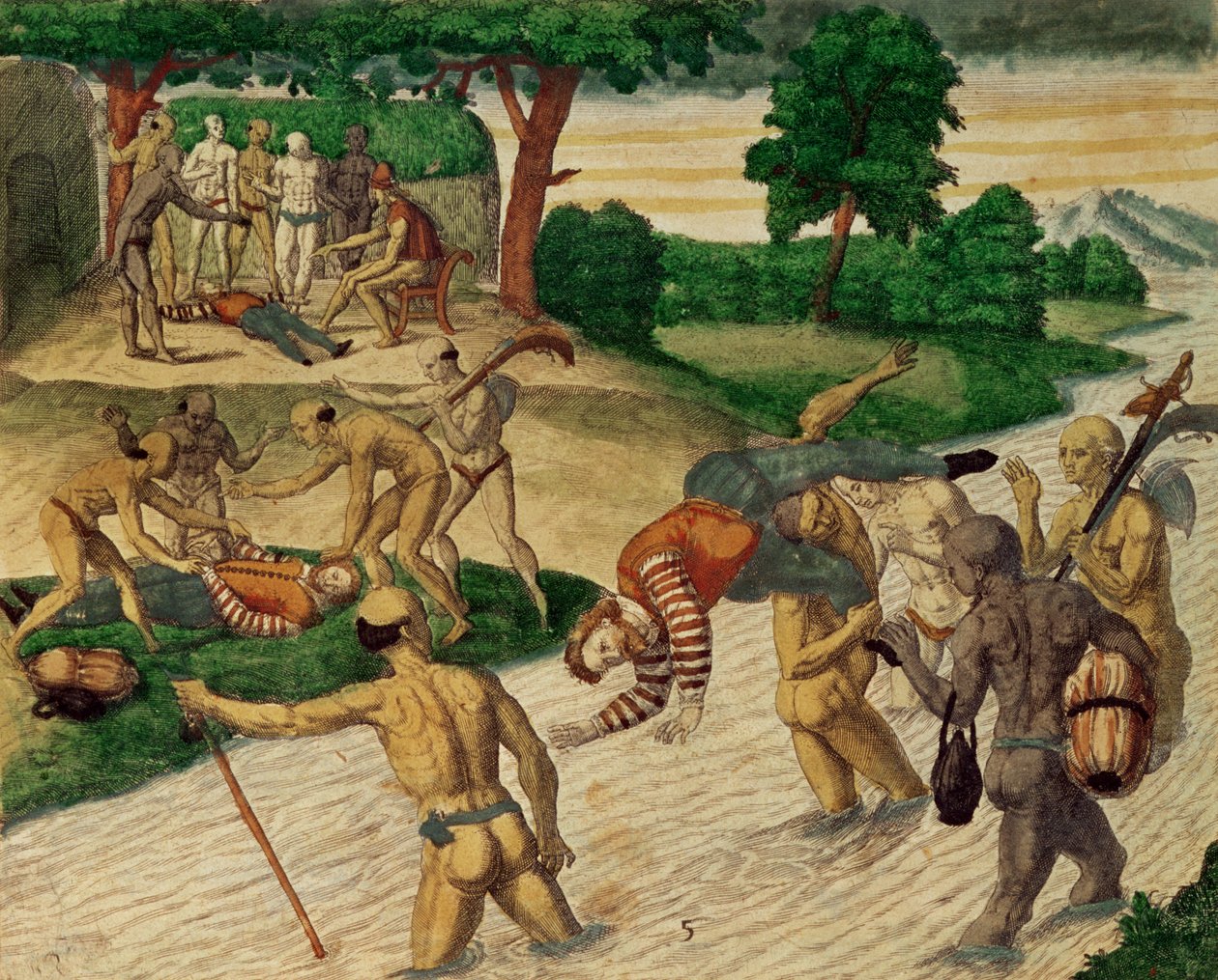 Søramerikanske indianere drukner spanjoler for å se om de er udødelige av Theodore de Bry