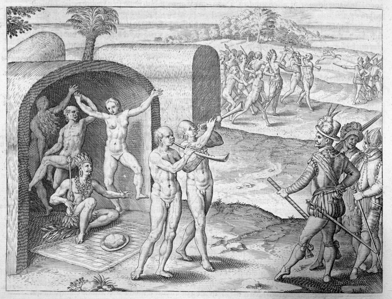 Spanjoler blir ønsket velkommen av en indisk konge, fra Girolamo Benzonis beretning om erobringen av Peru, fra 