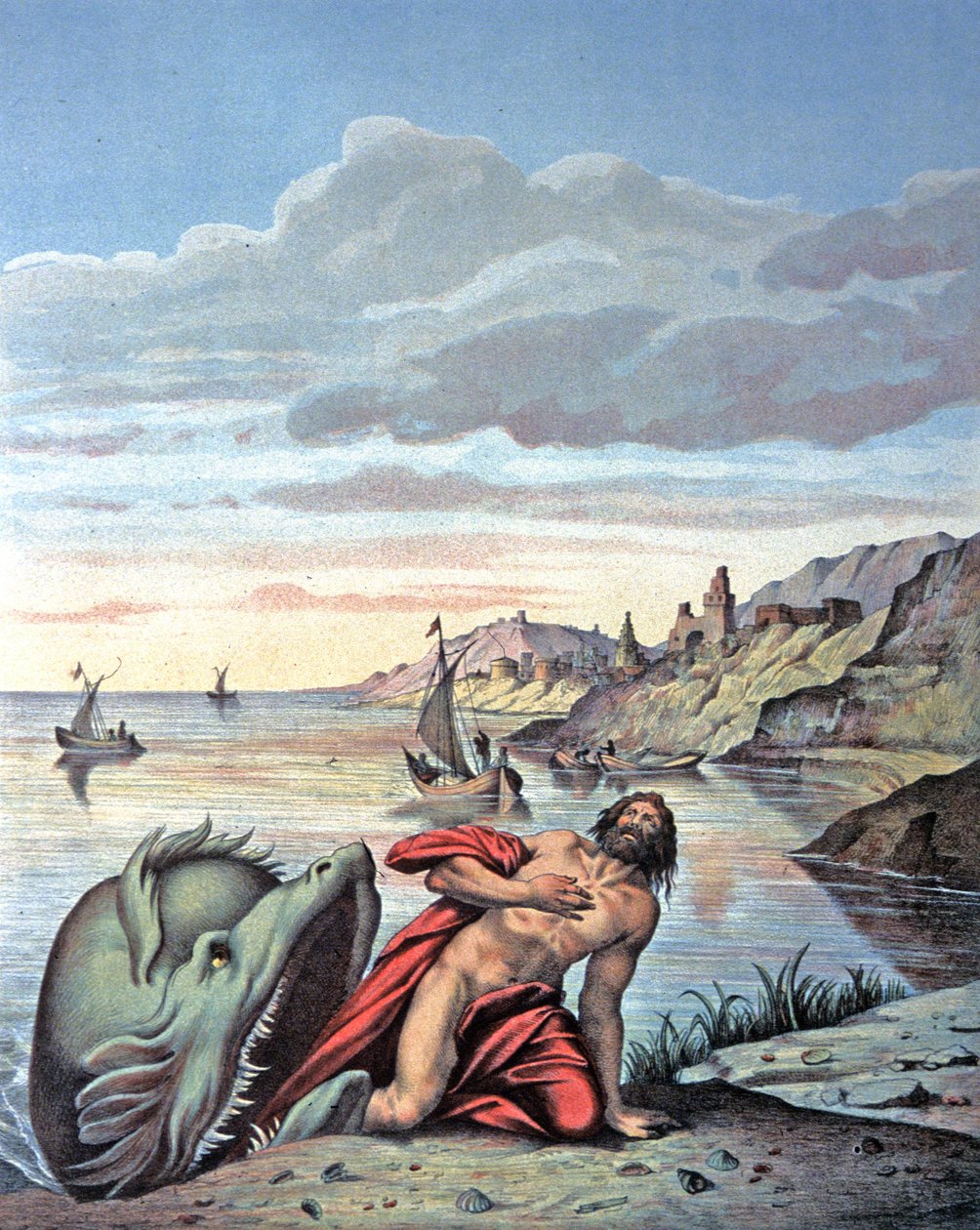 Jonas kommer ut av hvalens mage, midten av 1800-tallet (illustrasjon) av Theodore (after) Amst