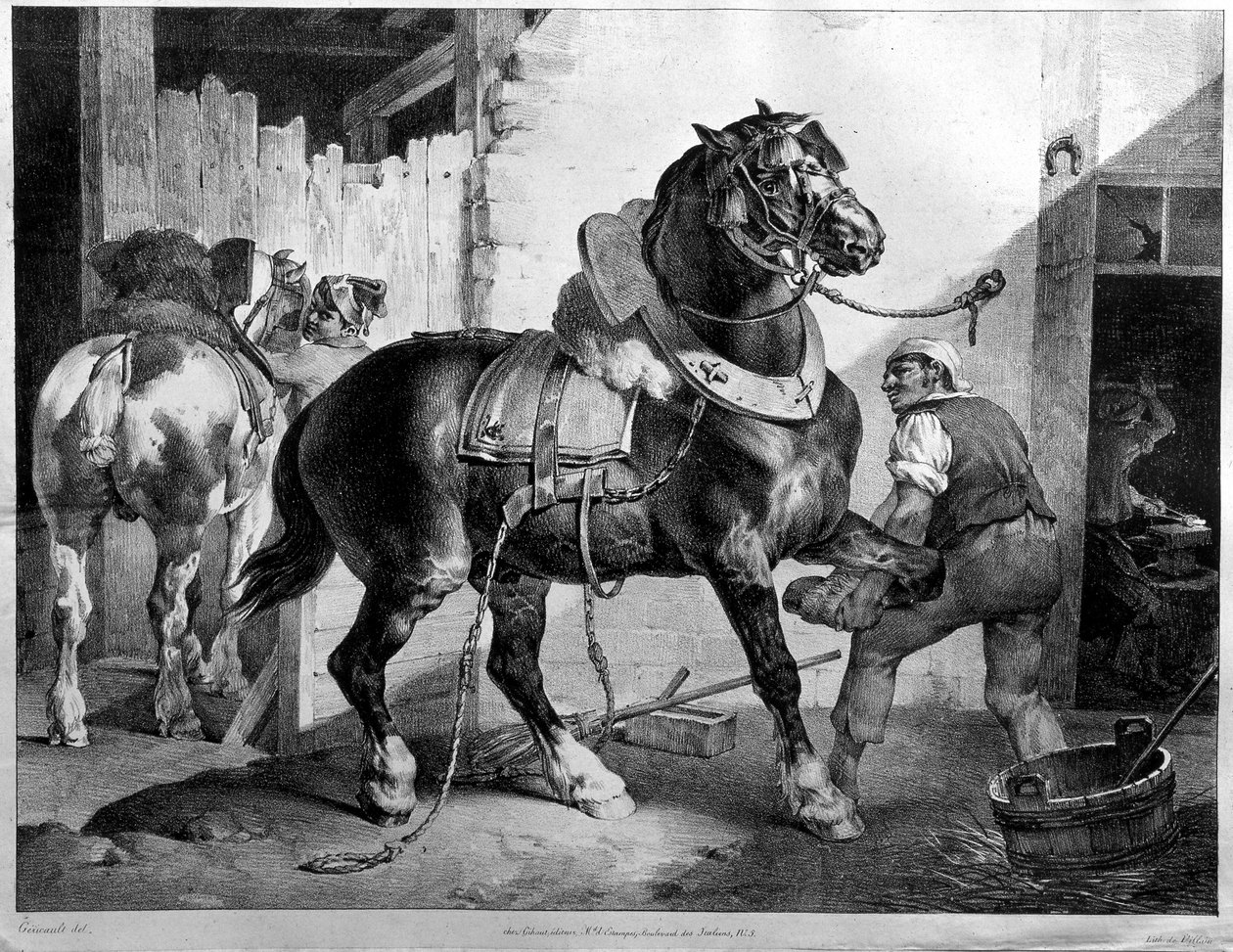 Montering av trekkhest (litografi) av Theodore (after) Gericault
