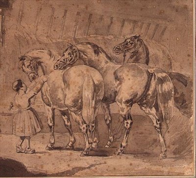 Liten jente mater hester i en stall (blyant og grå vask) av Theodore (attr. to) Gericault