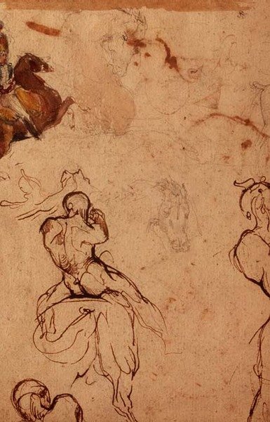Studie av hester og ryttere (blyant, penn og brunt blekk og akvarell) av Theodore (attr. to) Gericault