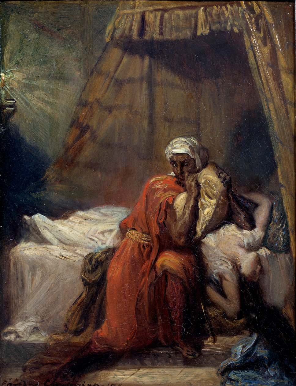 Desdemones død. Illustrasjon av "Othello or the Moor of Venice" (Othello, the Moor of Venice) tragedie av William Shakespeare (1604). Maleri av Theodore Chasseriau (1819 - 1856) av Théodore Chassériau