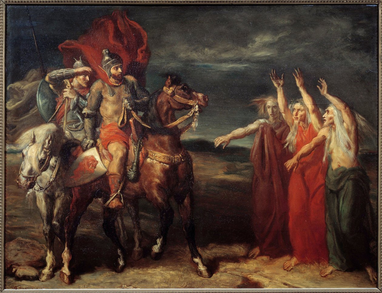 Macbeth and the Three Witches Illustrasjon av scene 3 i akt I av William Shakespeares skuespill "" MacBeth". Maleri av Theodore Chasseriau (1819-1856) 1855 Søn. 0,72x0,9 m Paris, musee d
