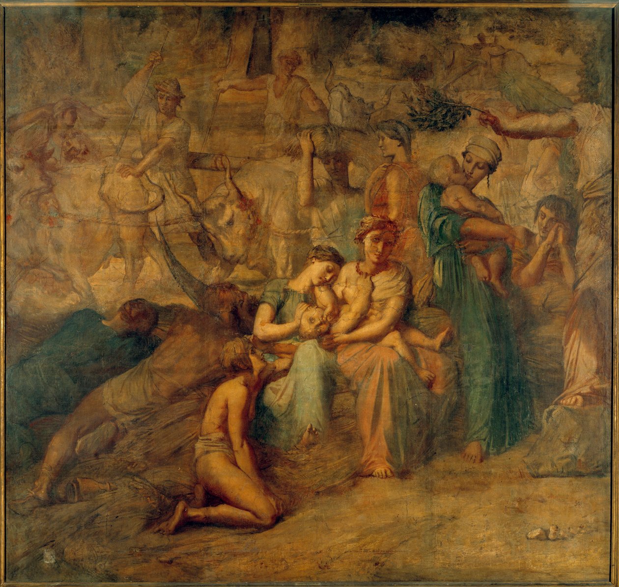 Fredsallegorisk representasjon med mor og barn og flokker. Maleri av Cour des comptes-trappen av Theodore Chasseriau (1819-1856) 1800-tallet Sun. 3,4x3,6 m av Théodore Chassériau