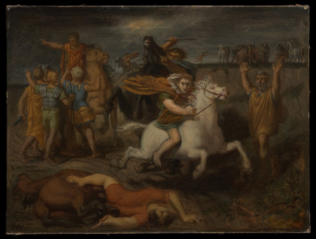 Scene fra gallerkrigene: Galleren Littavicus, som forråder den romerske saken, flykter til Gergovia for å støtte Vercingetorix av Théodore Chassériau