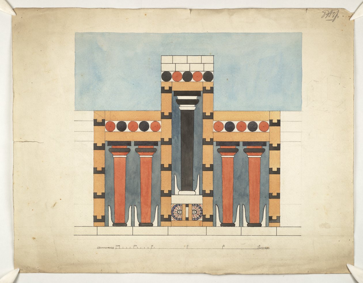 Maleri som gjeninnstiller den sentrale tredelte helligdommen i den sentrale domstolen til Palace of Minos på Knossos (Evans Architectural Plans WW/15) av Theodore Fyfe
