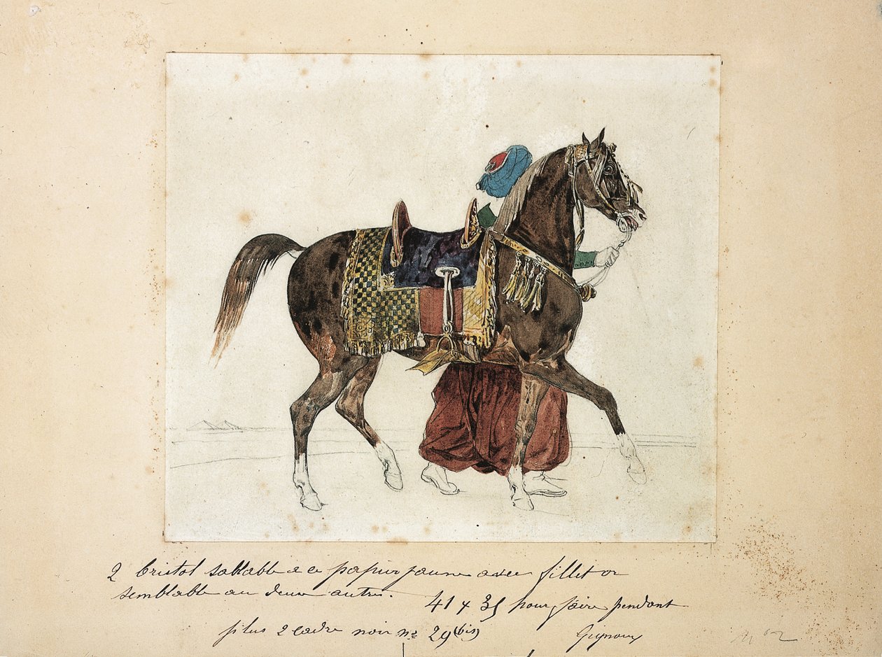 En selehest ledet av en mameluk, to pyramider i bakgrunnen (blyant og akvarell på papir) av Theodore Gericault