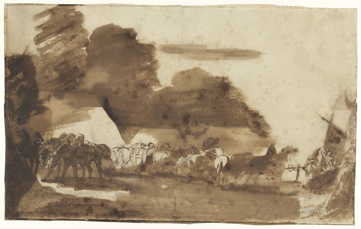 Bivuakk med hester og soldater av Theodore Gericault