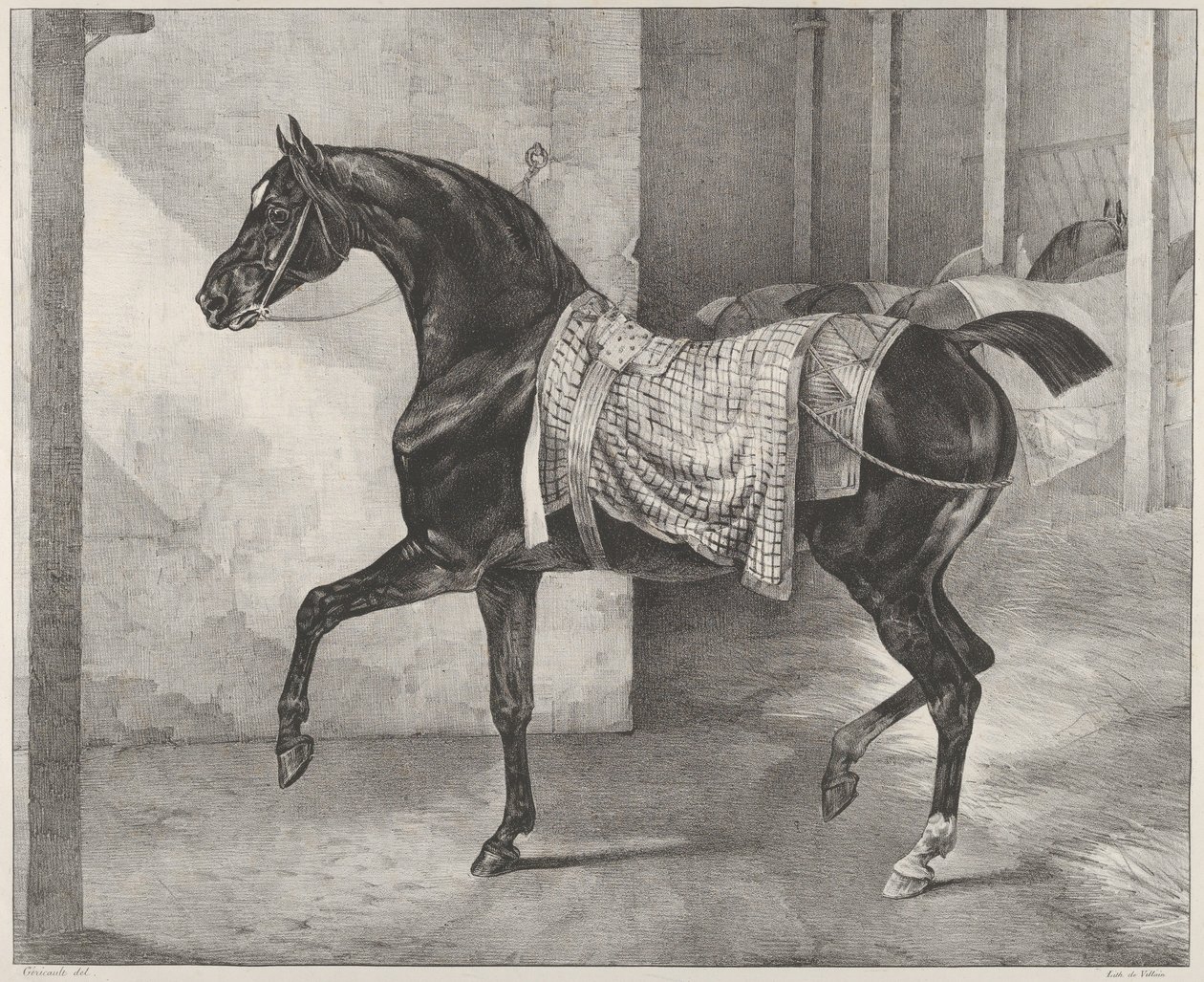 Svart hest bundet i en stall av Theodore Gericault