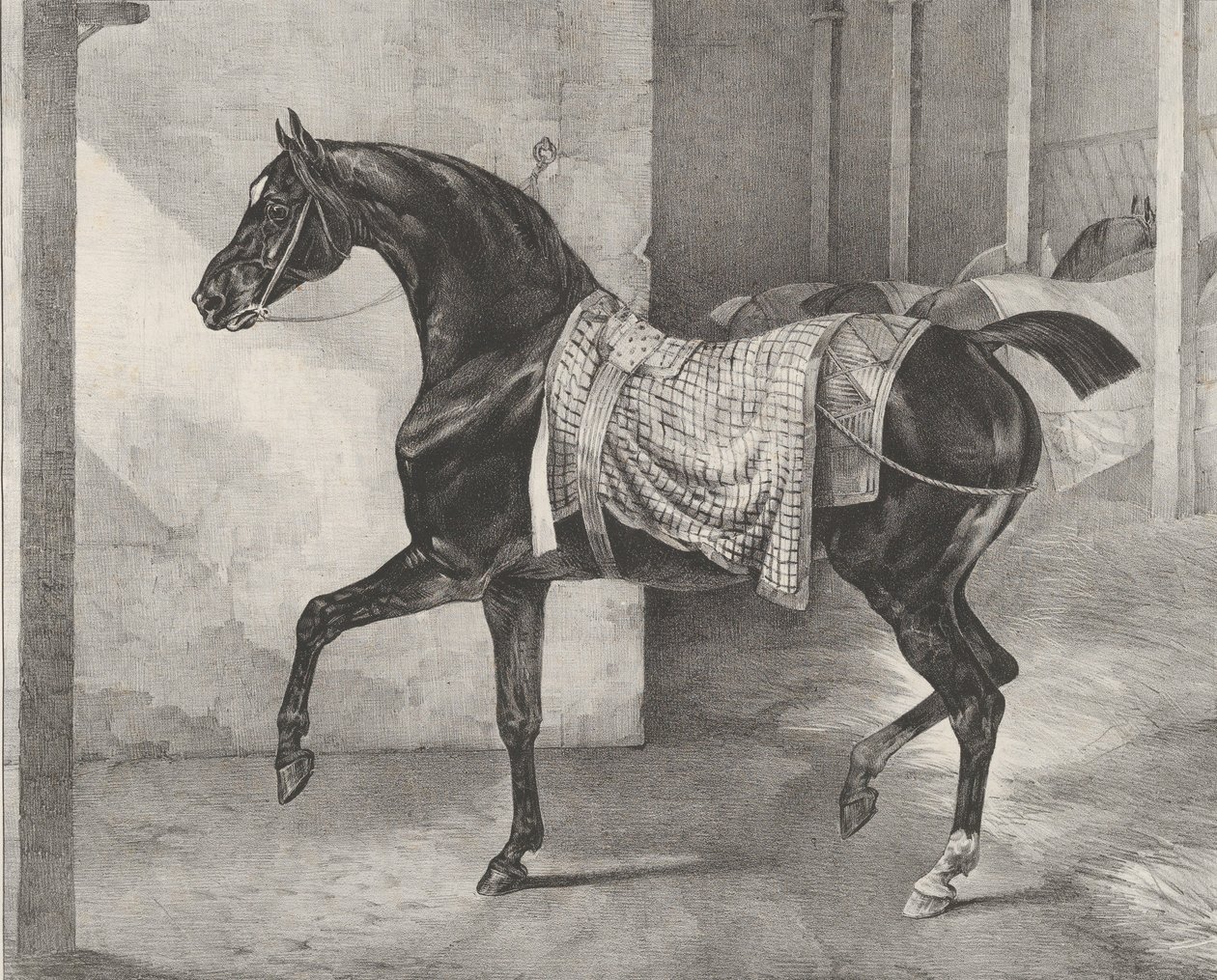 Svart hest bundet i en stall, 1822. av Theodore Gericault