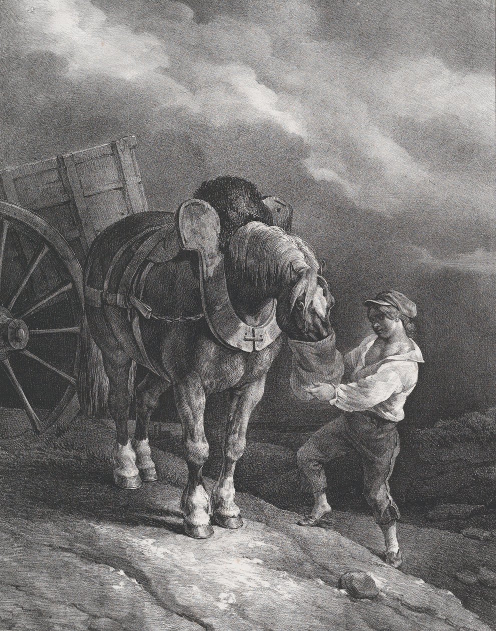 Gutt mater en kjerrehest fra en nesepose, 1822. av Theodore Gericault