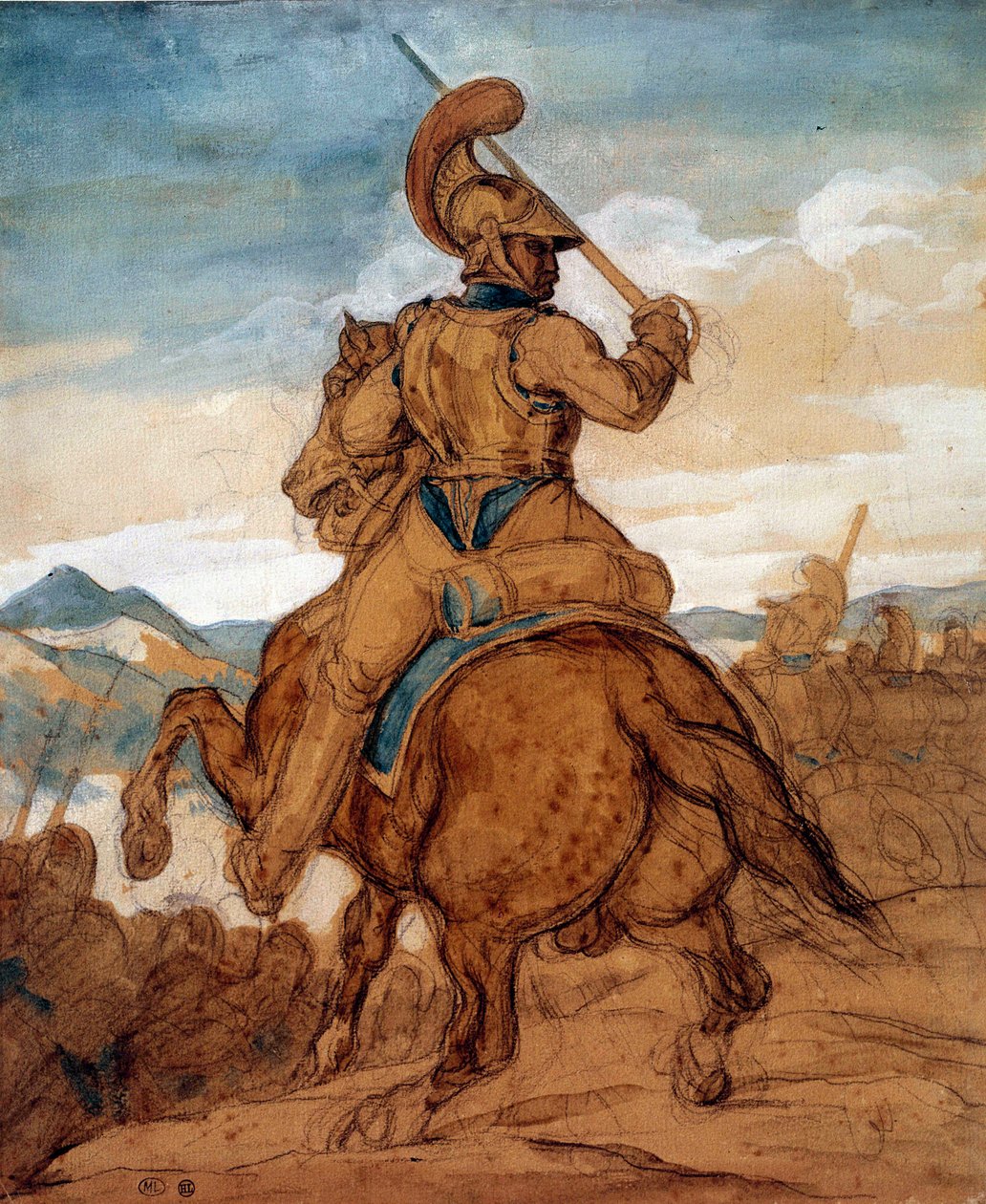 Carabinier eller cuirassier på hesteryggen Akvarell, gouache, vask av Theodore Gericault (1791-1824) 1800-tallet Søn. 0,25x0,22 m Paris, musee du Louvre av Theodore Gericault