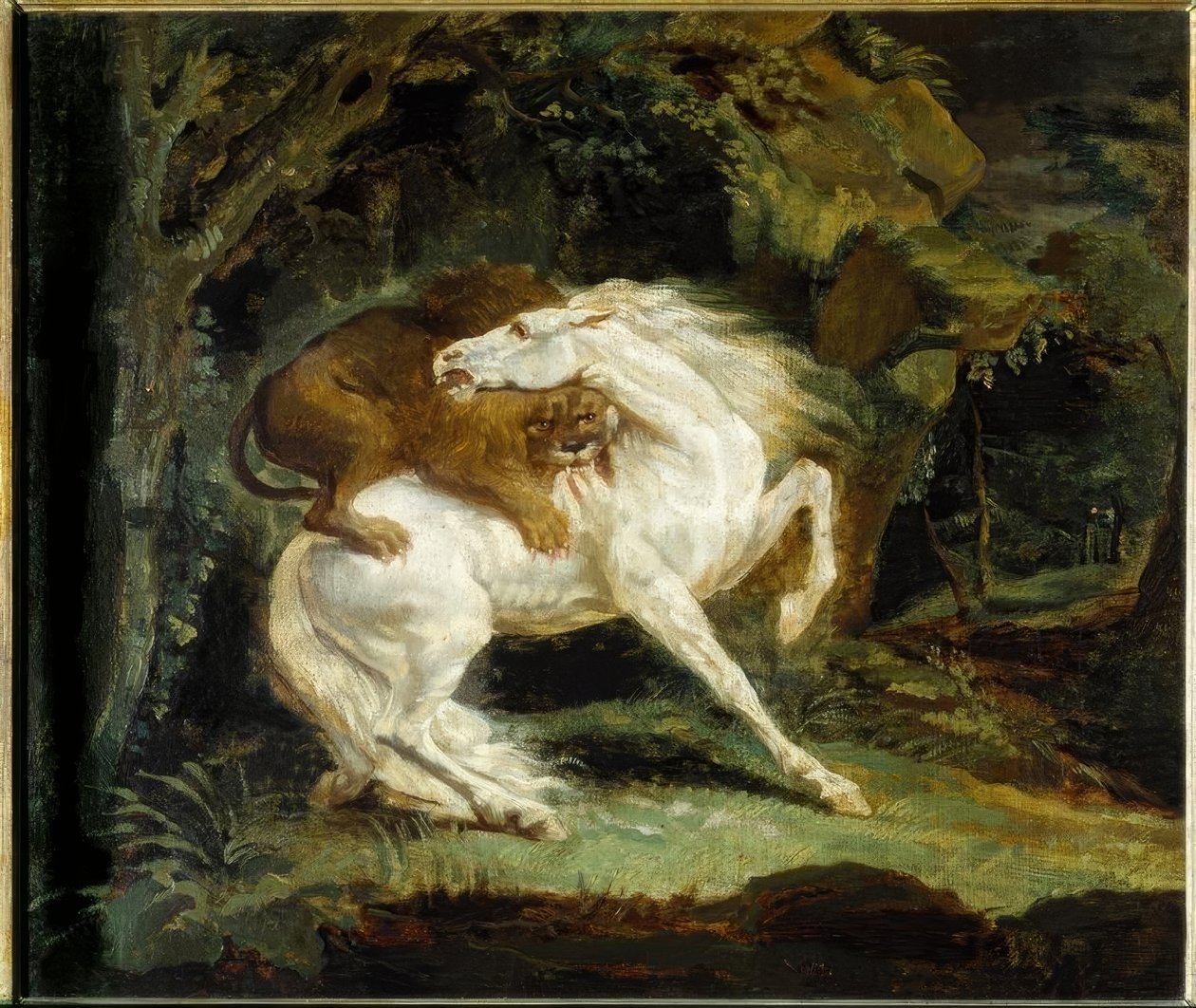 Hest angrepet av en løve av Theodore Gericault