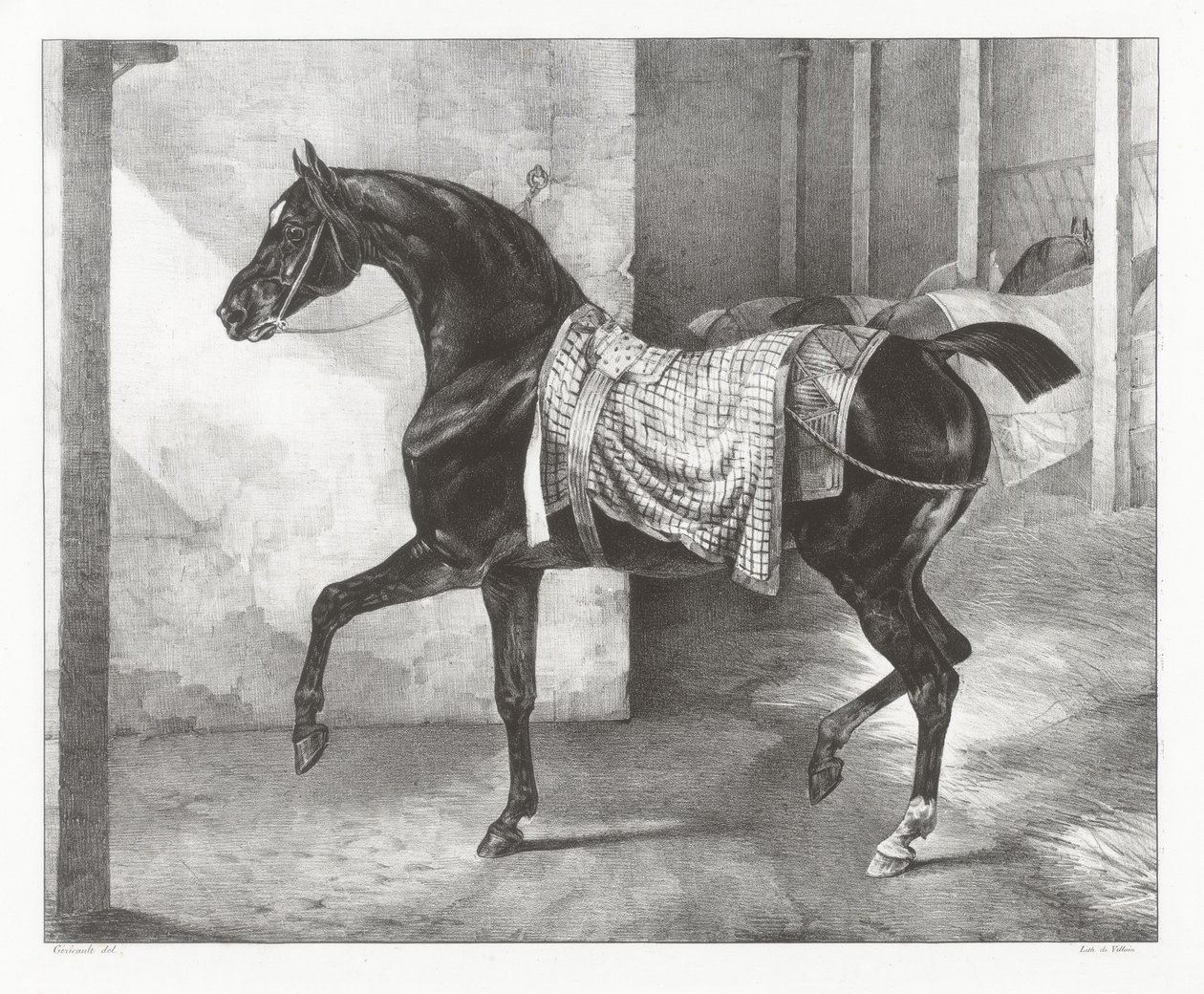En svart hest bundet i en stall av Theodore Gericault