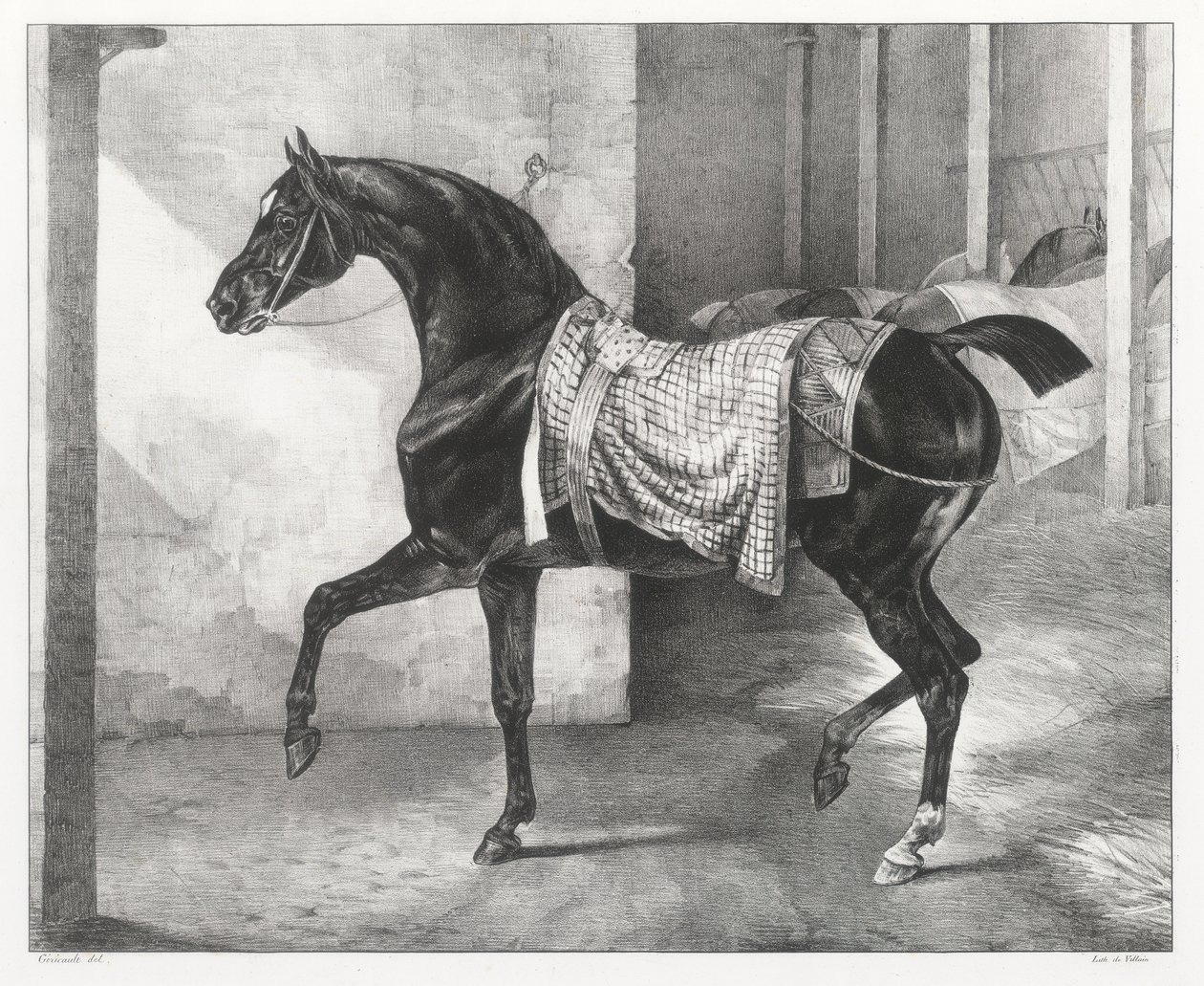 En svart hest bundet i en stall av Theodore Gericault