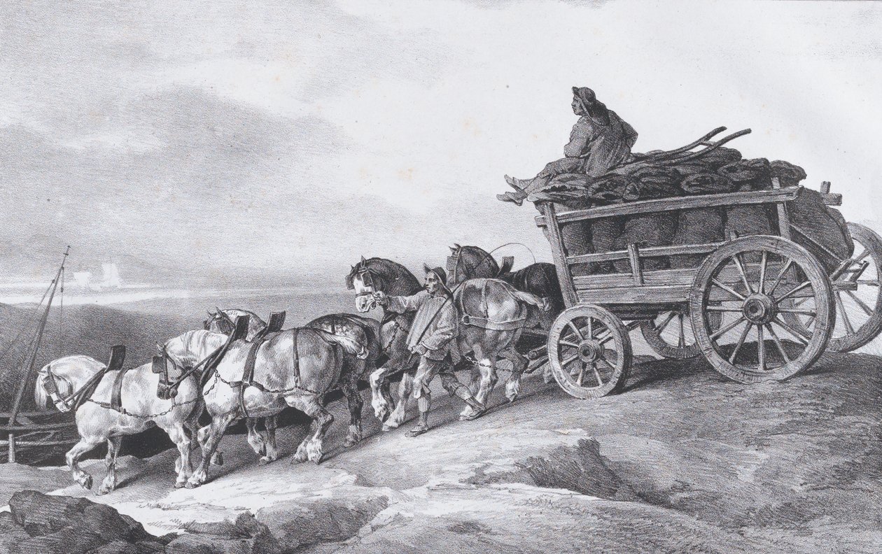 Kullvogn [sic.] Tegnet av hester, 1822. av Theodore Gericault
