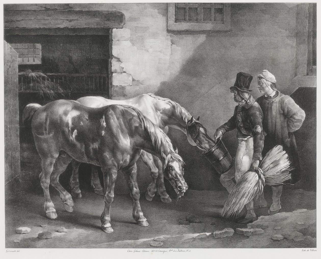 To posthester ved inngangen til en stall (Two Post-Horses at a Stable Door) av Theodore Gericault
