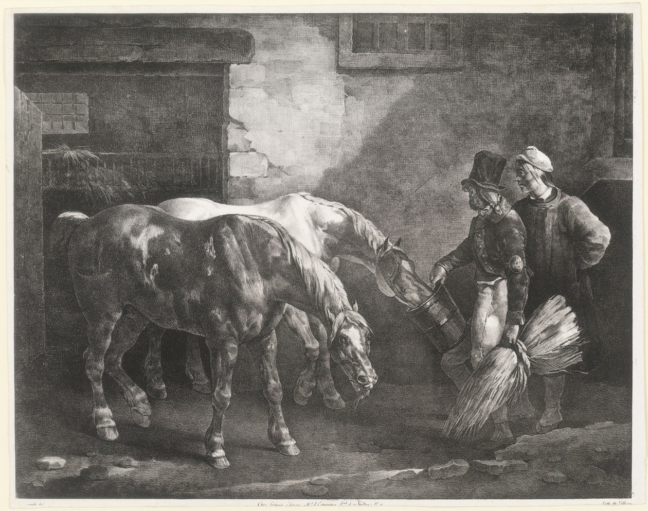 To posthester ved inngangen til en stall (Two Post-Horses at a Stable Door) av Theodore Gericault