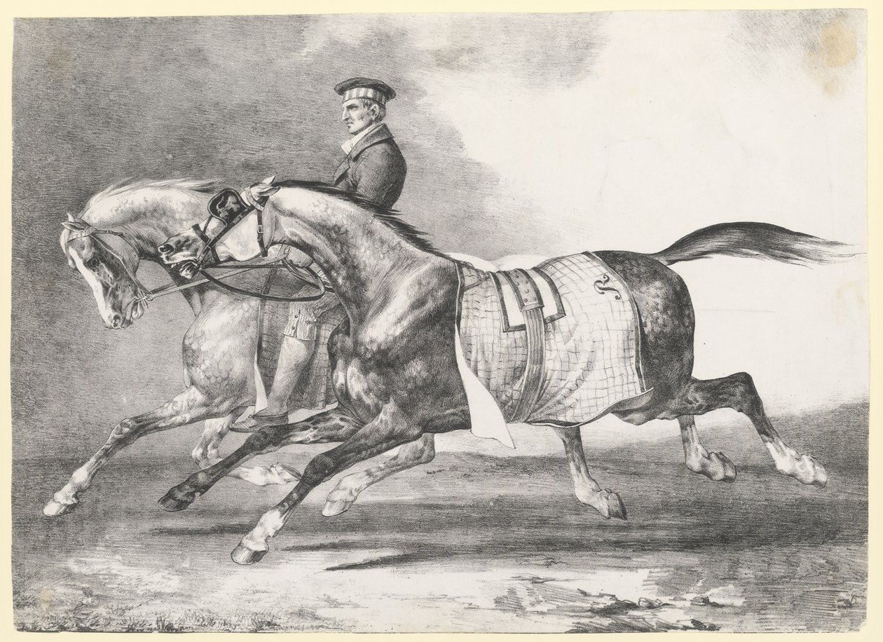 To grå hester med flekker som blir luftet (Two Dapple-Grays Being Exercised) av Theodore Gericault