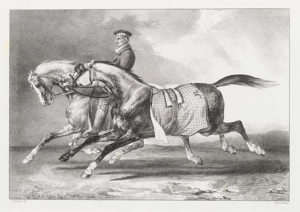 To grå hester med flekker som blir luftet (Two Dapple-Grays Being Exercised) av Theodore Gericault