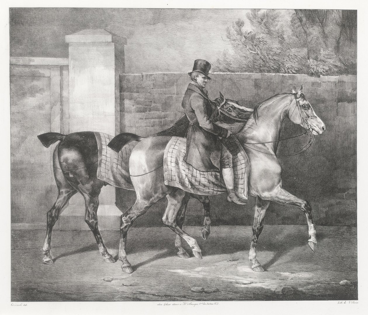To hester som blir trent av en jockey (A Groom Exercising Two Horses) av Theodore Gericault