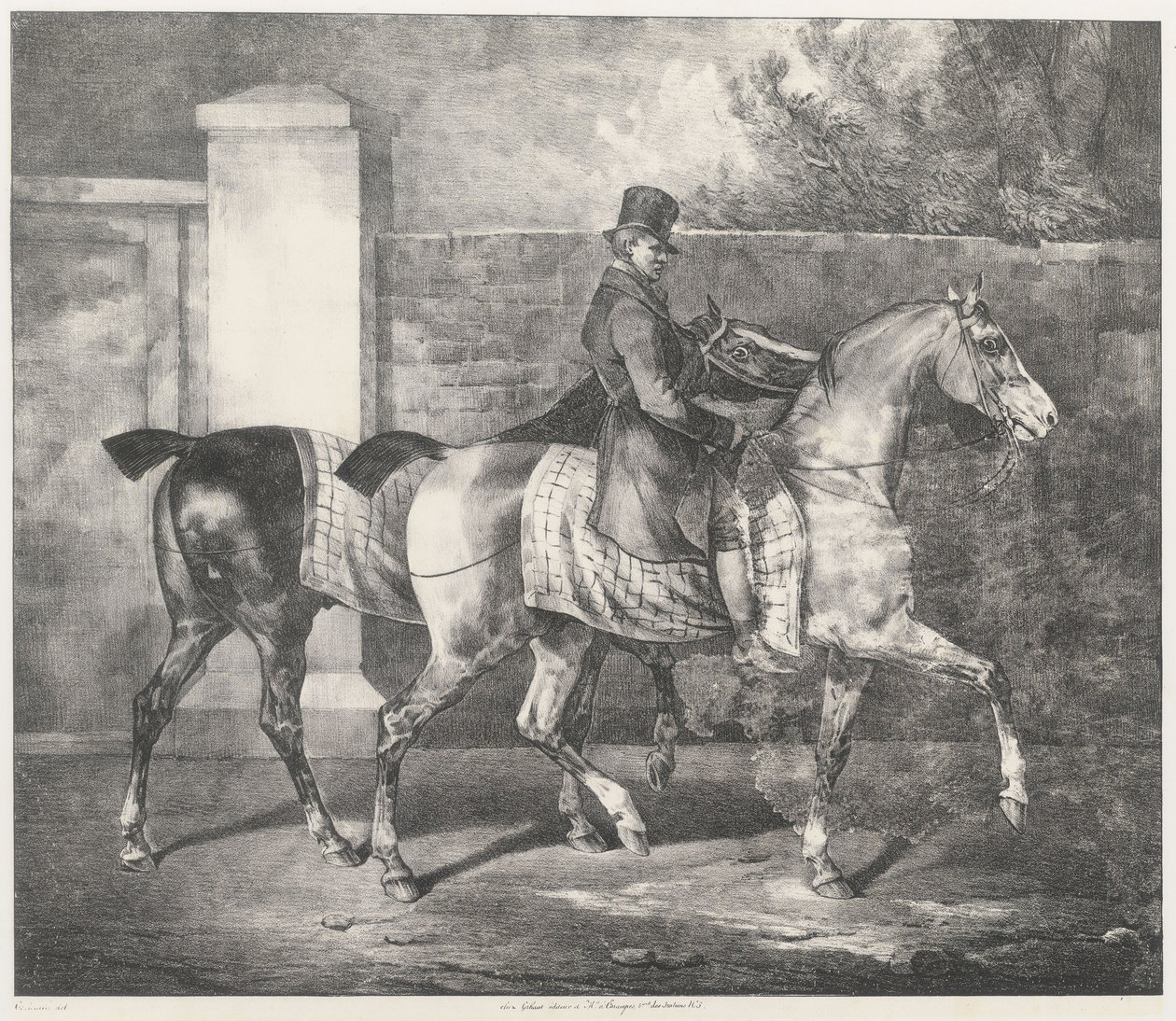 To hester som blir trent av en jockey (A Groom Exercising Two Horses) av Theodore Gericault