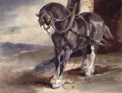 Trekkhest ved et hus (blyant og akvarell) av Theodore Gericault