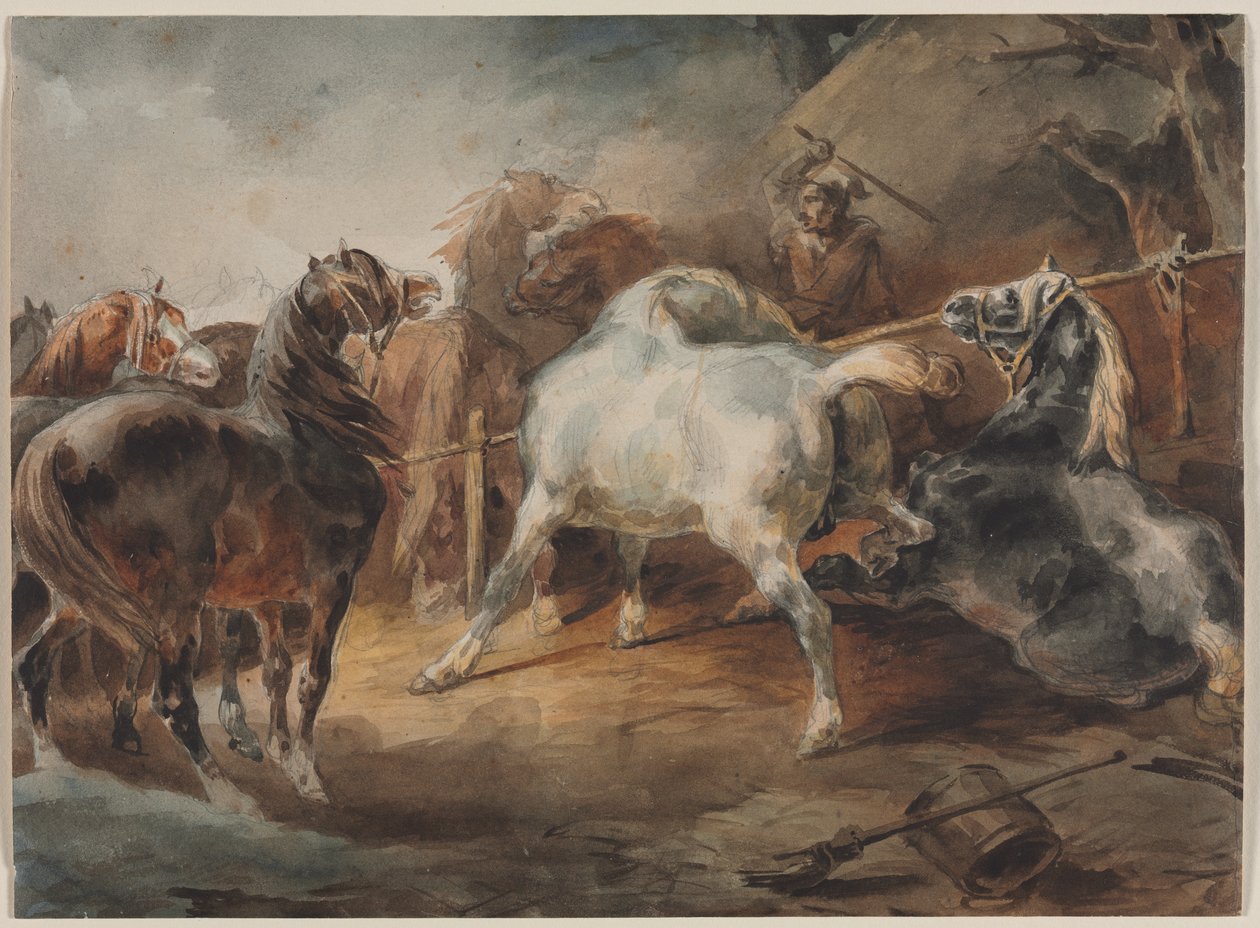 Fighting Horses, ca. 1820 (akvarell over grafitt på papir) av Theodore Gericault