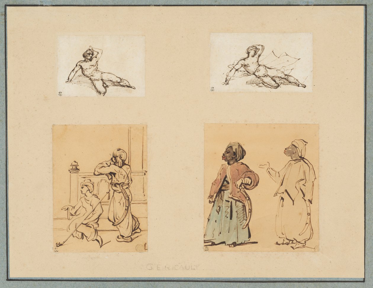Fire tegninger: To liggende mannlige nakenbilder og to studier av osmanske figurer av Theodore Gericault
