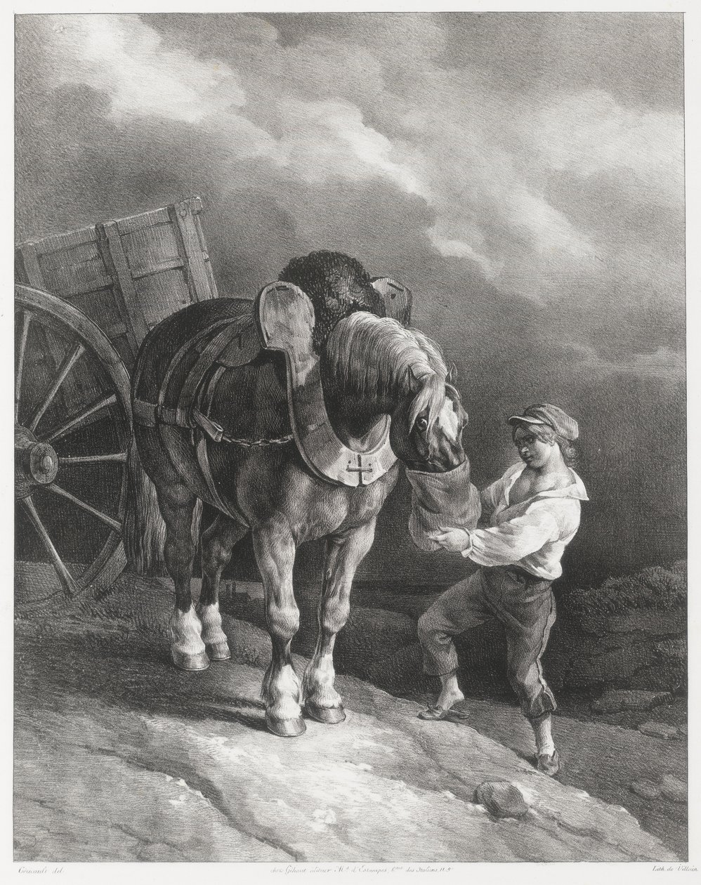 Gutt som gir havre til en hest som er spent foran vognen (A Boy Giving Oats to a Hitched Horse) av Theodore Gericault