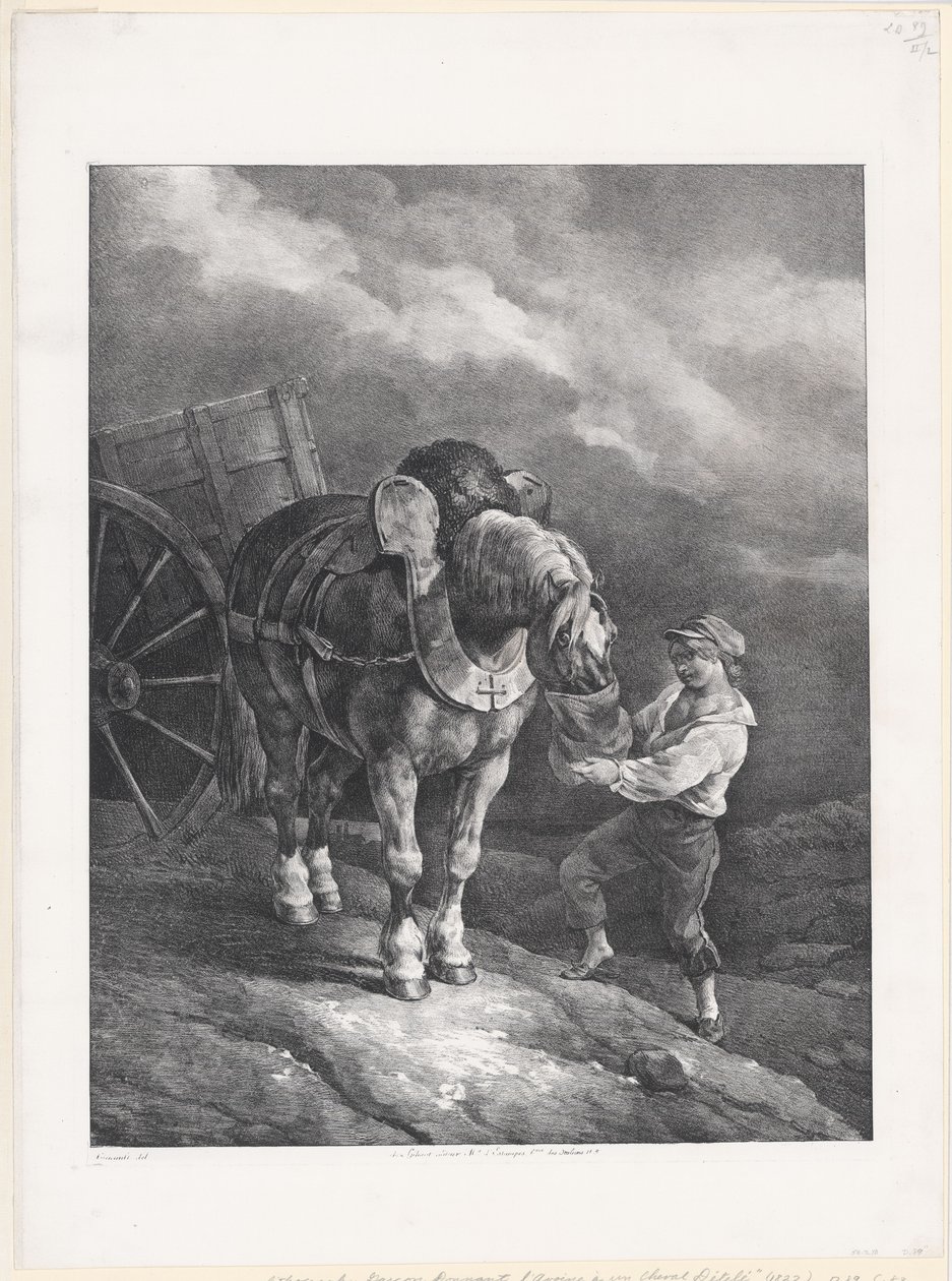 Gutt som gir havre til en hest som er spent foran vognen (A Boy Giving Oats to a Hitched Horse) av Theodore Gericault