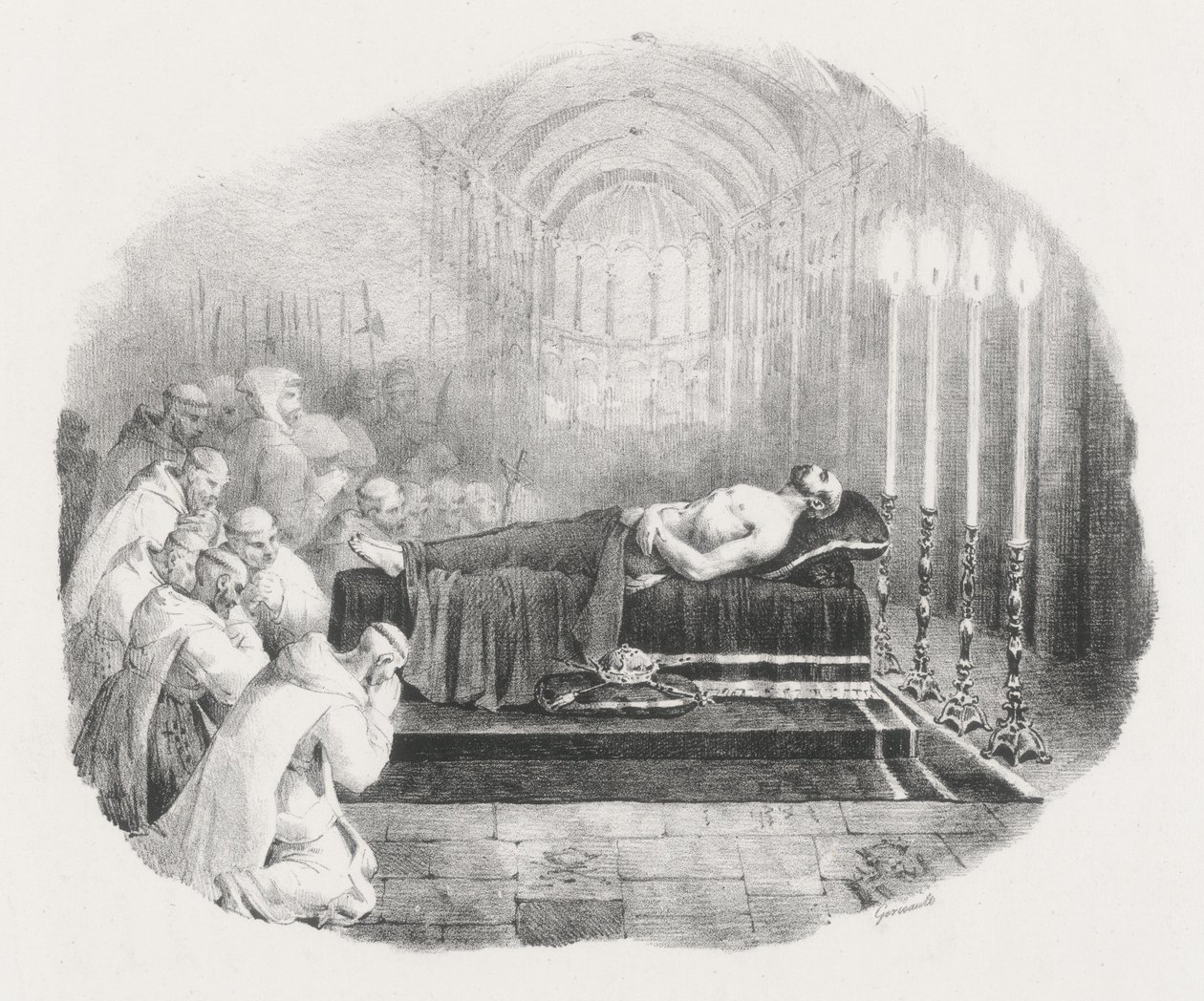 Vilhelm Erobreren ble brakt til kirken i Boscherville etter sin død (Vilhelm Erobreren ligger på lit de parade i kirken ved St. Georges-klosteret i Boscherville) av Theodore Gericault