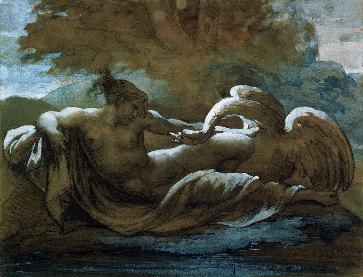 Leda og svanen (svart kritt og akvarell) av Theodore Gericault