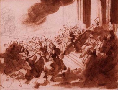 Louis XVIII tar en parade på Champ de Mars (blyant, penn, brunt blekk og vask) av Theodore Gericault