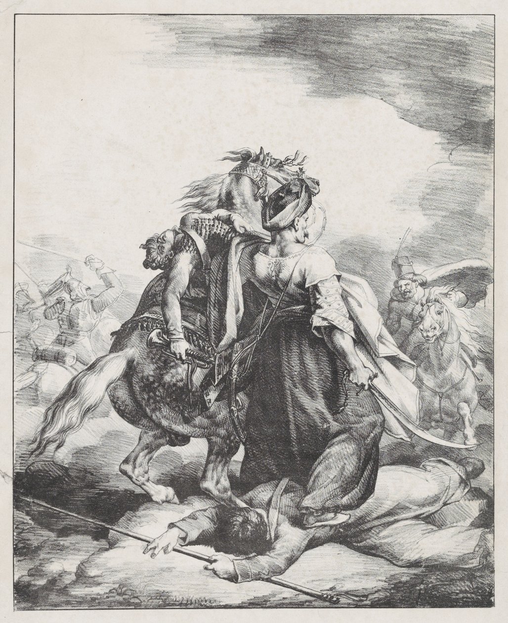 En mamelukk fra keiserens livgarde som forsvarer en såret trompetist mot en kosakk (En egyptisk mamelukk som forsvarer en såret fransk trompetist ved Waterloo) av Theodore Gericault