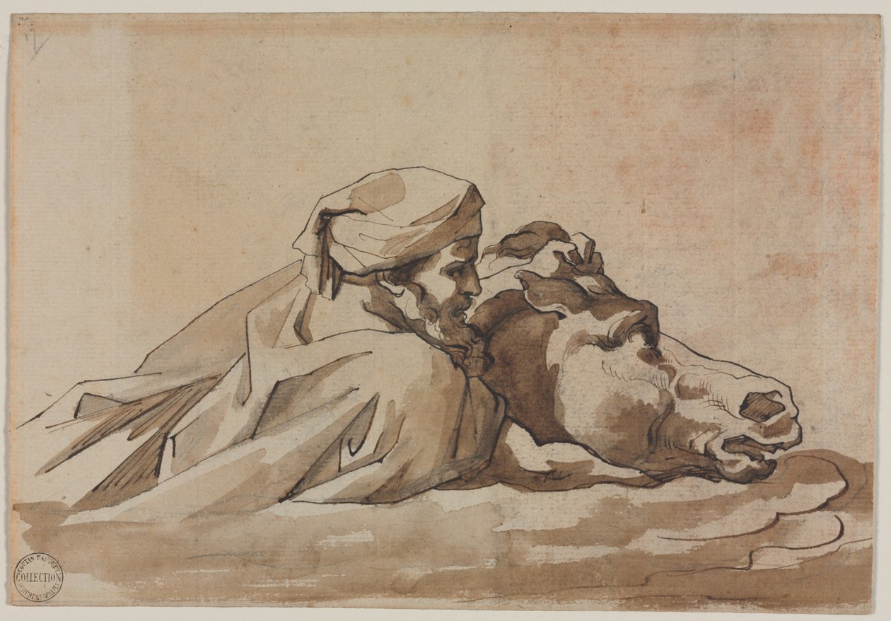 Mann som holder en hest i vann, etter Poussins "Deluge" (recto) av Theodore Gericault