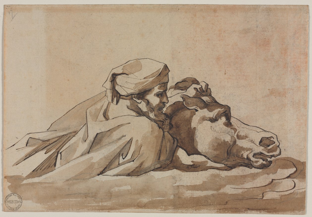 Man clutching a horse in water, after Poussins Deluge recto, Compositional Studyverso, ca. 18 av Theodore Gericault