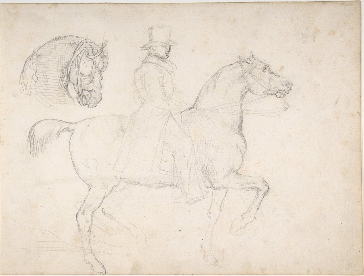 Mann til hest, og studie av hestehode av Theodore Gericault
