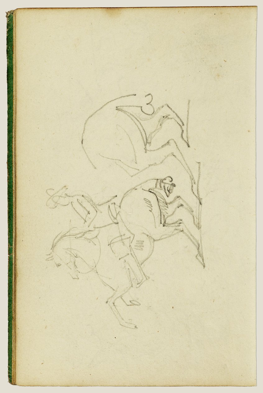 Mann på en hest som reiser seg på bakbena, studie av hestens bakben av Theodore Gericault