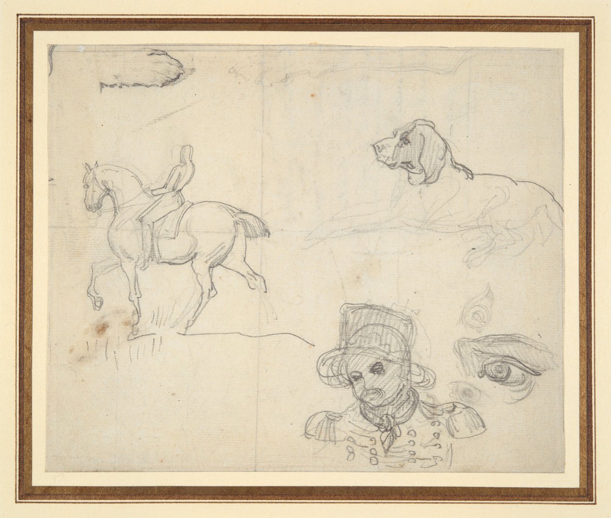 Side med skisser (hest, hund, soldathode) av Theodore Gericault