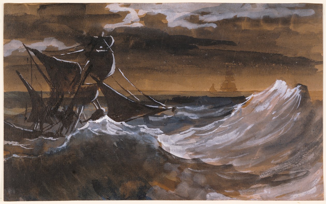Sailboat on a Raging Sea, ca. 1818-9 (pensel og brun vask, akvarell over svart kritt) av Theodore Gericault